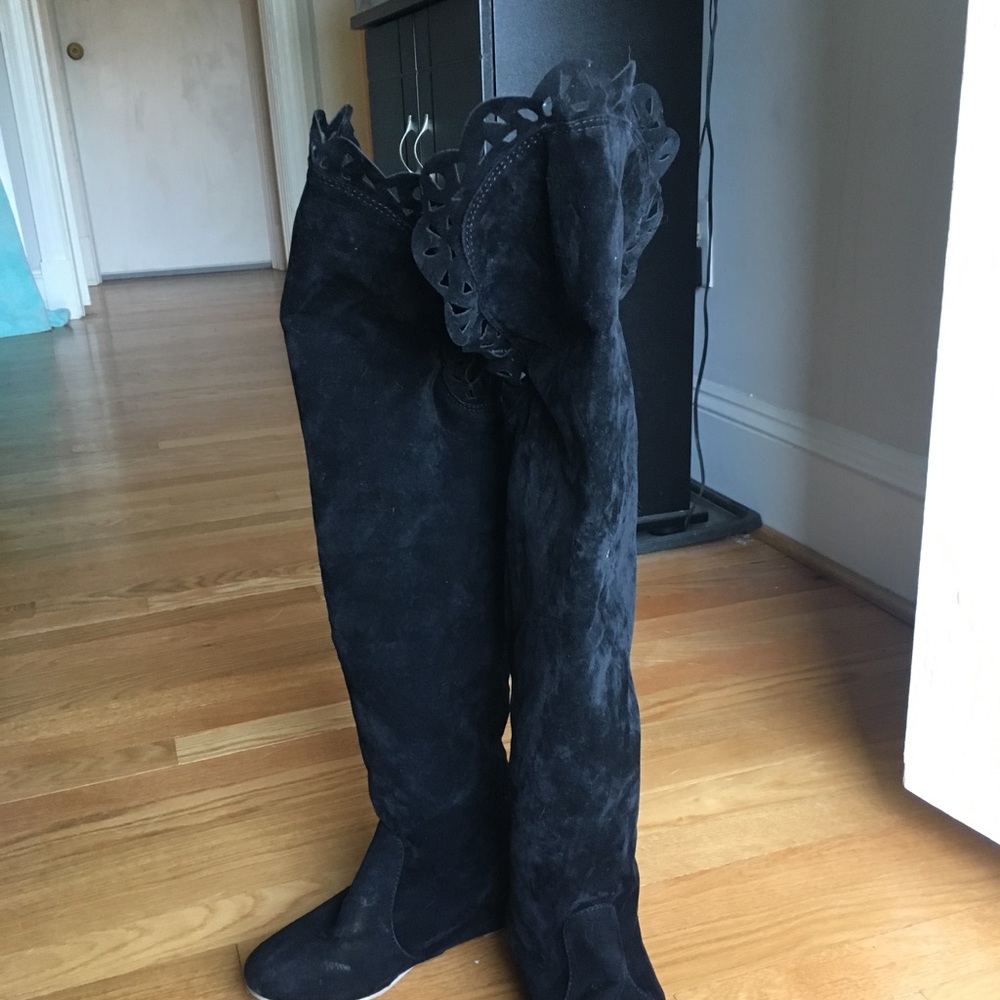 Black velvet over the knee wedge boots